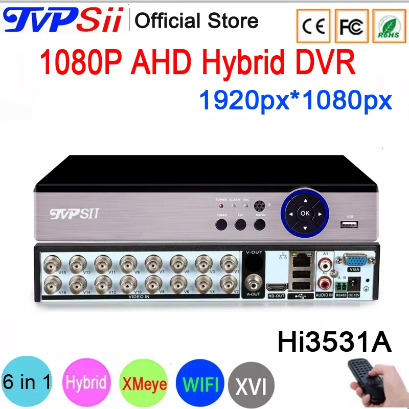 Hi3531A 12V 3A Silver Panel XMeye Audio 1080P 2MP Full HD 16CH 16 Channel Max.8TB IP Onvif WIFI NVR CVI TVI AHD Hybrid CCTV DVR