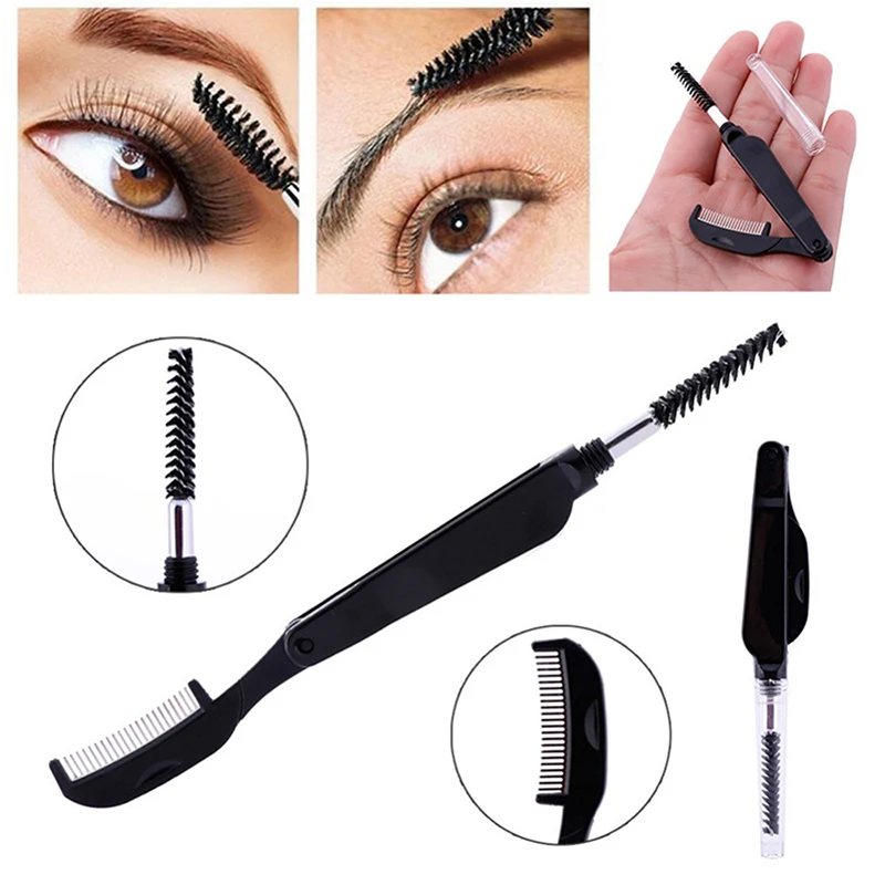 Schwarzer Wimpernkamm, doppelt verwendbares Make-up-Werkzeug aus Edelstahl, Zubehör, tragbar und faltbar, modischer Augenbrauenpinsel