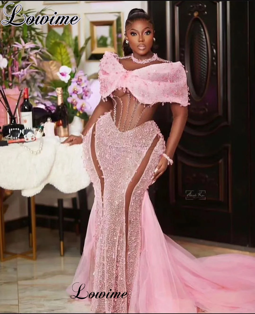 Abiti da celebrità rosa africani Plus Size cristalli maniche lunghe abiti da sera sirena Vestidos De Gala abiti da festa di nozze