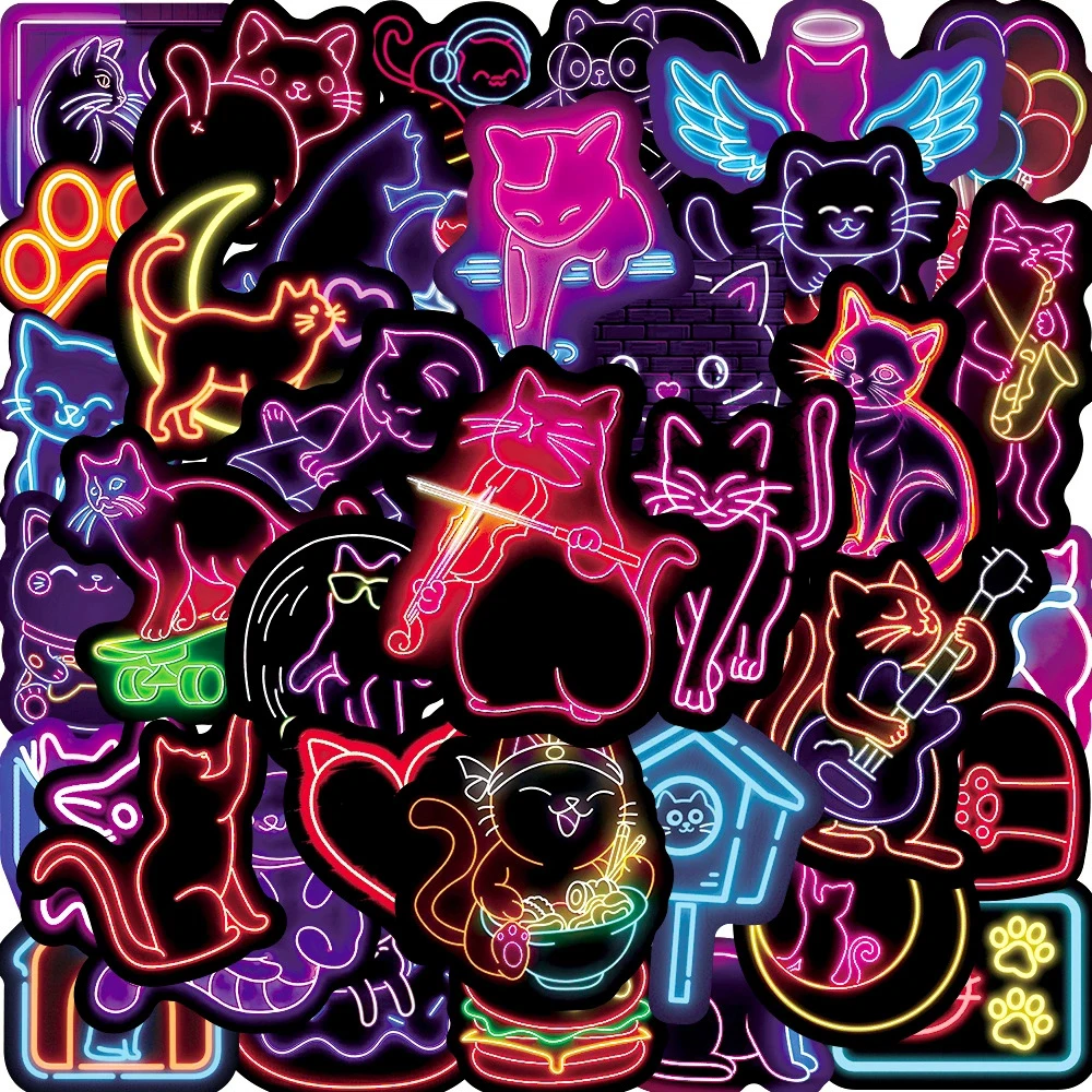 10/30/50pcs Cute Funny Cartoon Neon Light Cat Stickers Waterproof Graffiti Stationery Helmet Phone Aesthetic Sticker Decoration