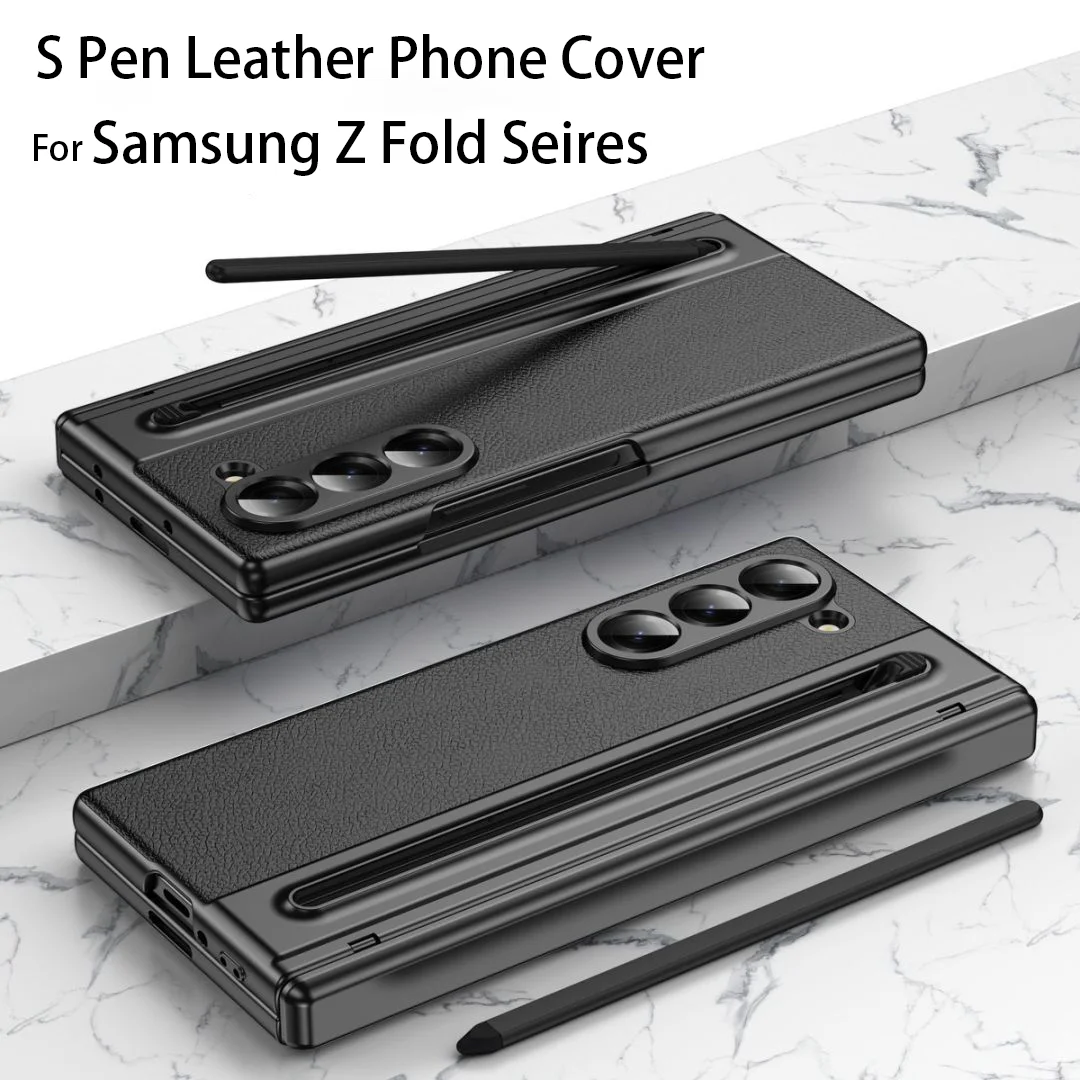 For Galaxy Fold6 S Pen Leather Phone Case Hinge Protection & Built-in Screen Protector Leather Phone Cover for Fold5 Fold4 Black