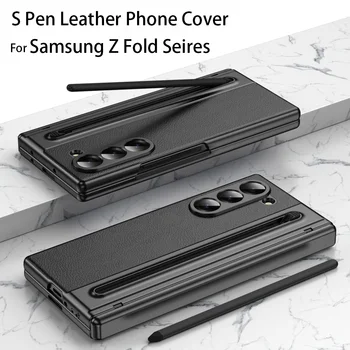 For Galaxy Fold6 S Pen Leather Phone Case Hinge Protection & Built-in Screen Protector…