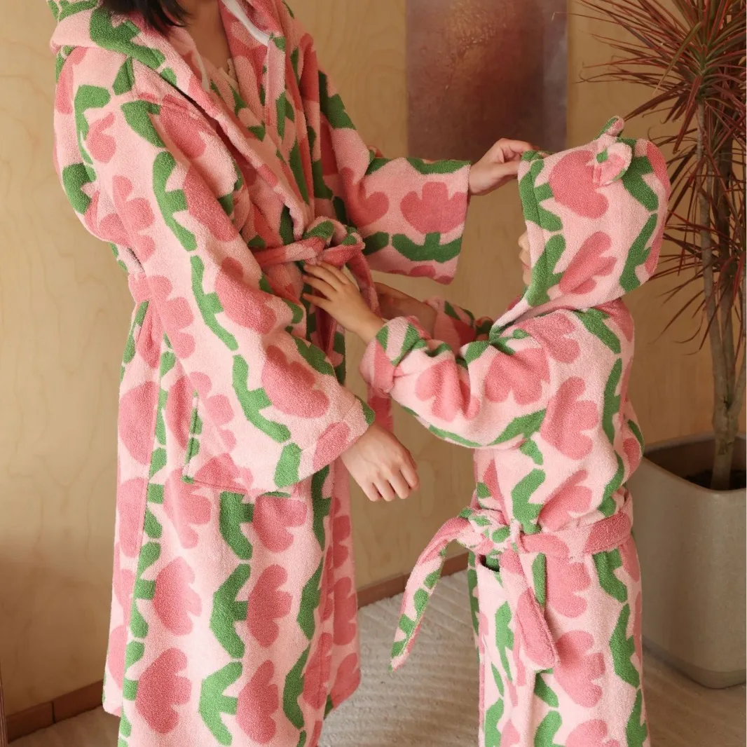 Tulip Print Absorbent Hooded Bathrobe Parent Child Matching With Bear Ear Hood For Adult Kids Hotel Home Daily Use