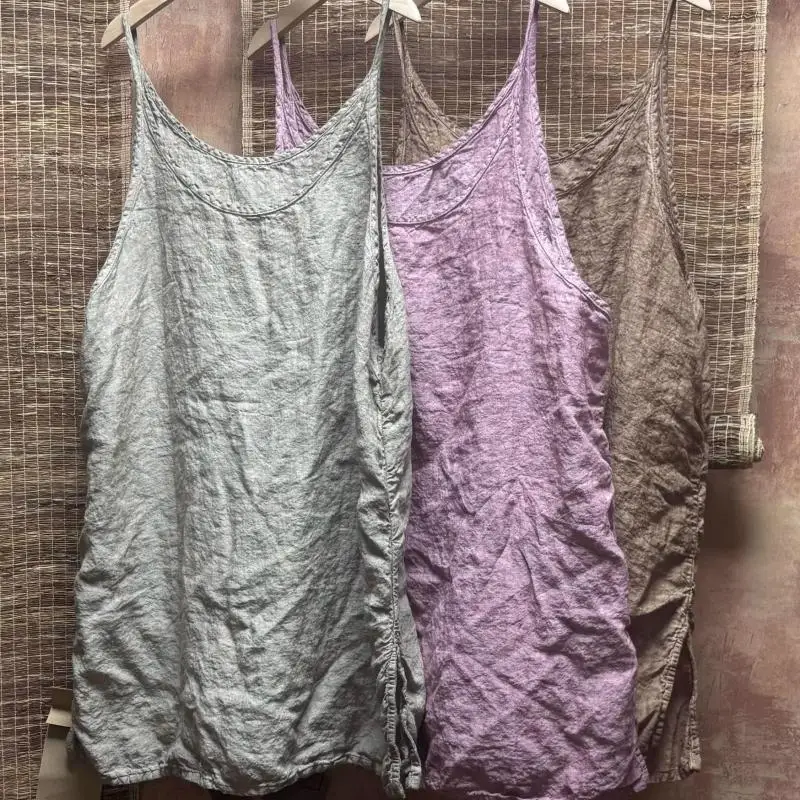 

2025 Summer New Arts Style Women Sexy Spaghetti Strap Tank Top Vintage Tie Dye Linen Camis Femme Loose Tops Good Quality TH61