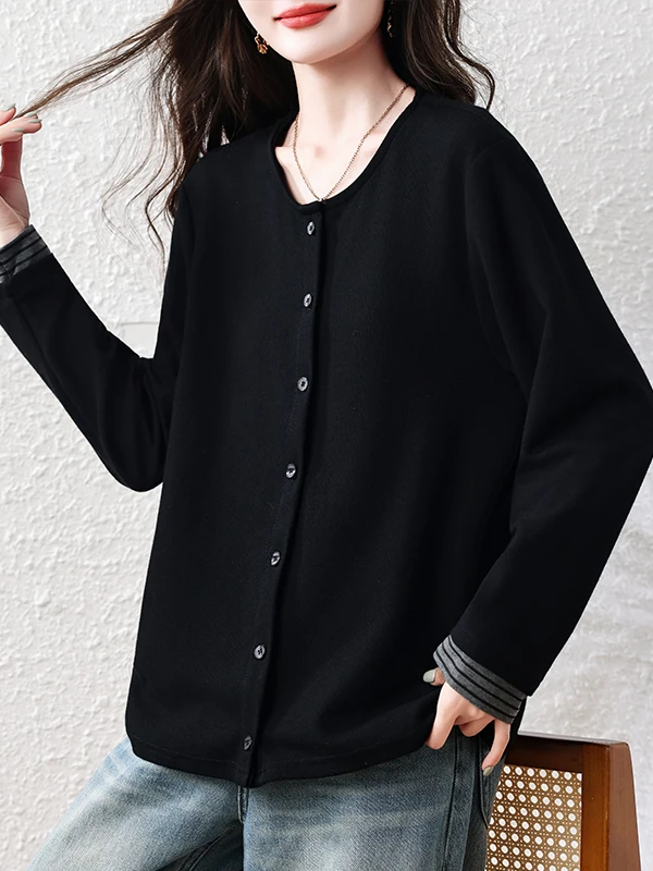 plus Size Women's Autumn Winter Loose Fit Base Layer Shirt Slimming Hoodie Open Cardigan Casual Style Long Sleeve round Neck