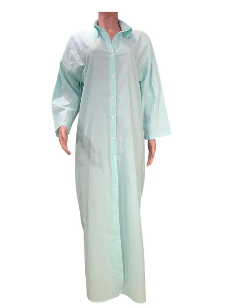 Primavera verão cor sólida algodão linho lapela camisa vestidos femininos casual manga comprida botões solto vestido longo mulher vestido de praia