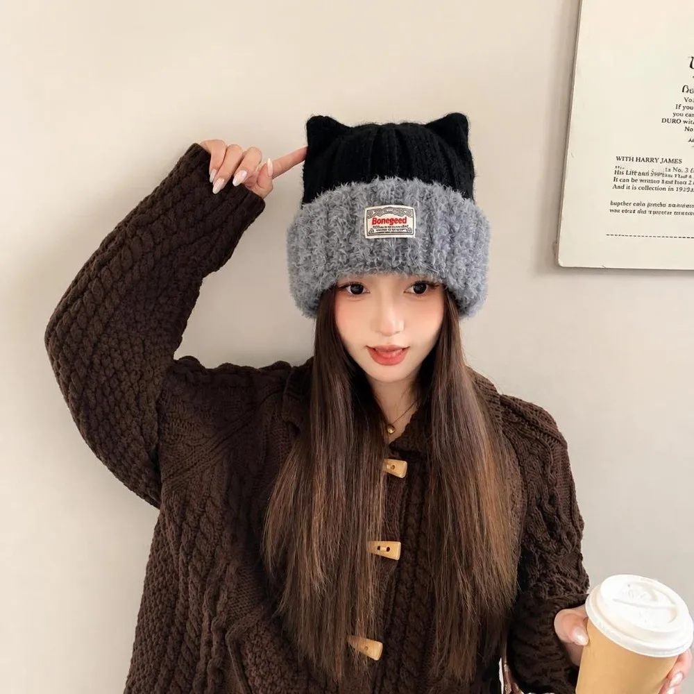 Korean Style Polyester Knitted Beanie Hat Warm Face Slimming Bear Ear Hat 56cm-58cm Cuffed Beanie Earflap Hat Winter Season