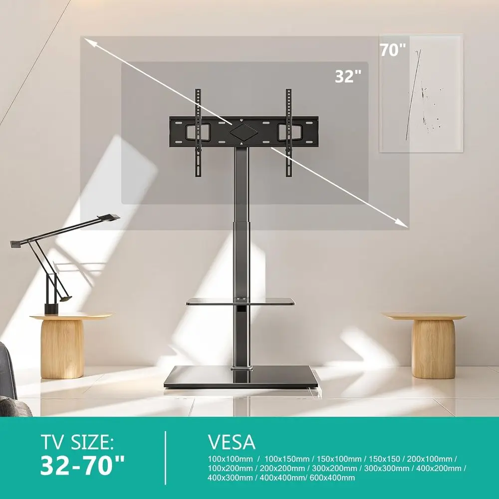 TV Floor Stand for 32-70inch TVs up to 88lbs, Universal Floor TV Stand Mount, Swivel and Height Adjustable Tall TV Stand with Te