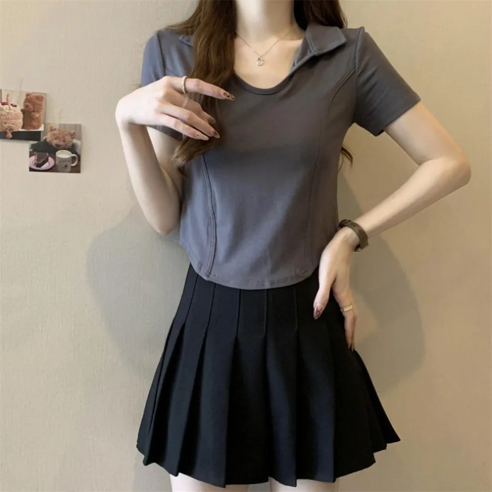 

Fashion V-neck Short Sleeve T Shirt Slim Fit Pullover Y2k Crop Tops Women Fish Bone All-match Neck Blouses Summer