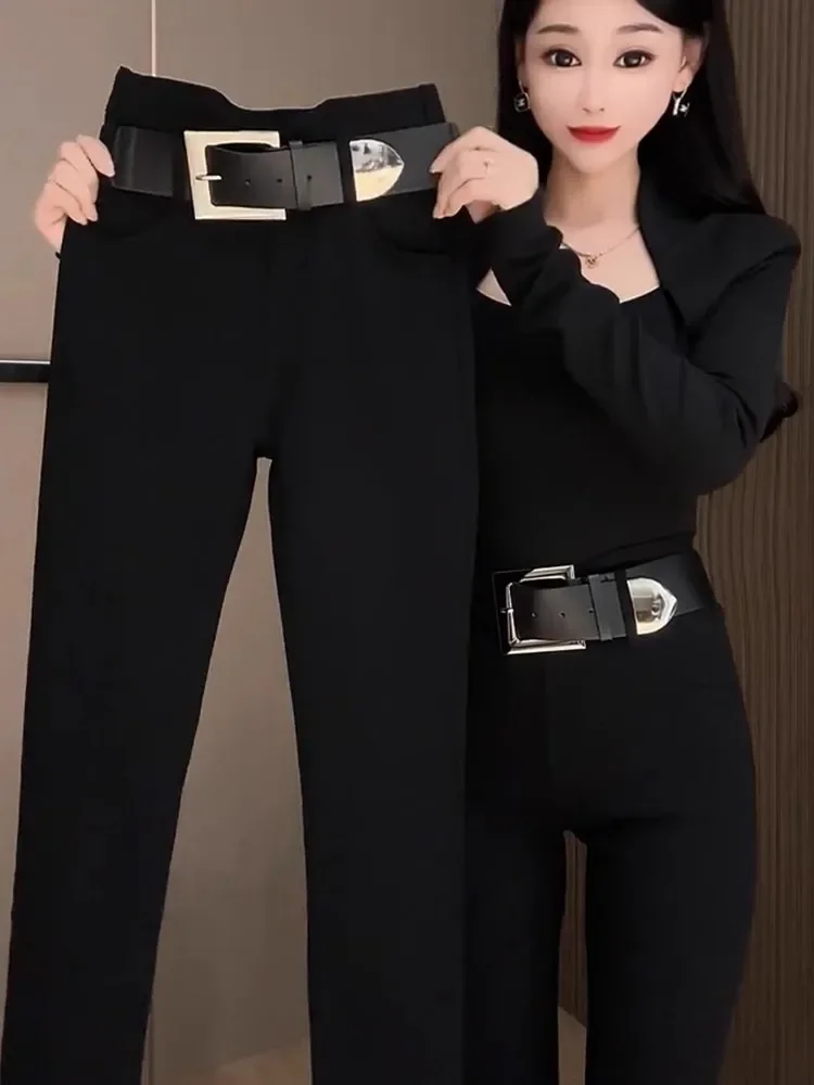 

High Waist Stretch Trousers Autumn Winter Fleece-Lined Black Leggings Women's Korean Fashion Y2k Slimming Pencil Pants Female
