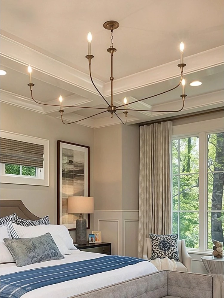 

American long arm copper chandelier minimalist retro countryside candle lamp dining living room bedroom villa high ceiling lamp