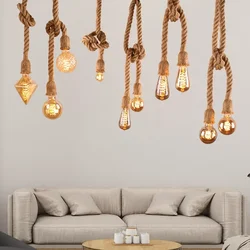 Vintage Sisal Hemp Rope Tie Pendant Lamp Hanging Ceiling Light Chandelier Retro Lustre Loft Creative Industrial Home Room Decor
