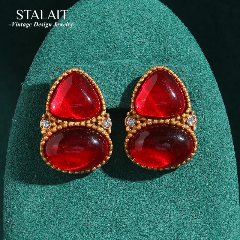 

Vintage Triangle Red Glass Glaze Woman Luxury Designer Antique Gold Color Flower Rhinestone Jewelry For Woman Copper Accessories