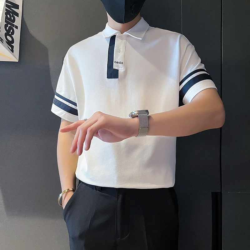 

Korean Summer Striped Polo Shirt for Men Fashion Short Sleeved Casual Business T-shirs Social Hip-hop Harajuku Lapel POLO Tee