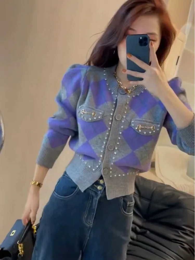 New Purple Argyle Knitted Sweater Spring Autumn Long Puff Sleeve Single Breasted Cardigan Korean Fashion Diamond Short Knit Tops