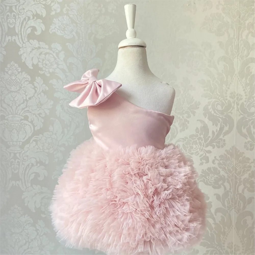 Flower Boy One Shoulder Dress Children's Mesh Fluffy Girls' Princess Banquet Dress