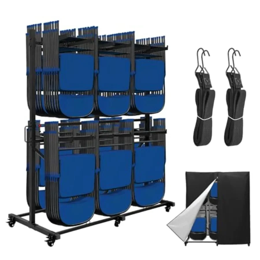 

Folding Chair Rack for gym and event venues, heavy-duty steel, black, 800LBS capacity, two-tier design with 6 tank wheels, hold