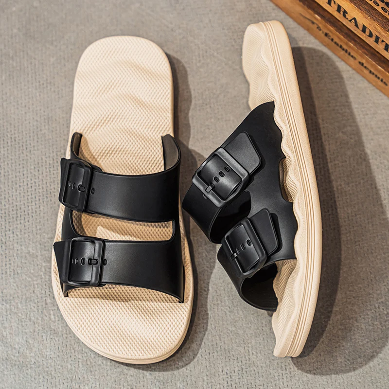 Lightweight EVA Men Slide Slippers Adjustable Double Buckle Anti-Slip Wave Sole Open Toe Sandals for Shower Indoor Outdoor