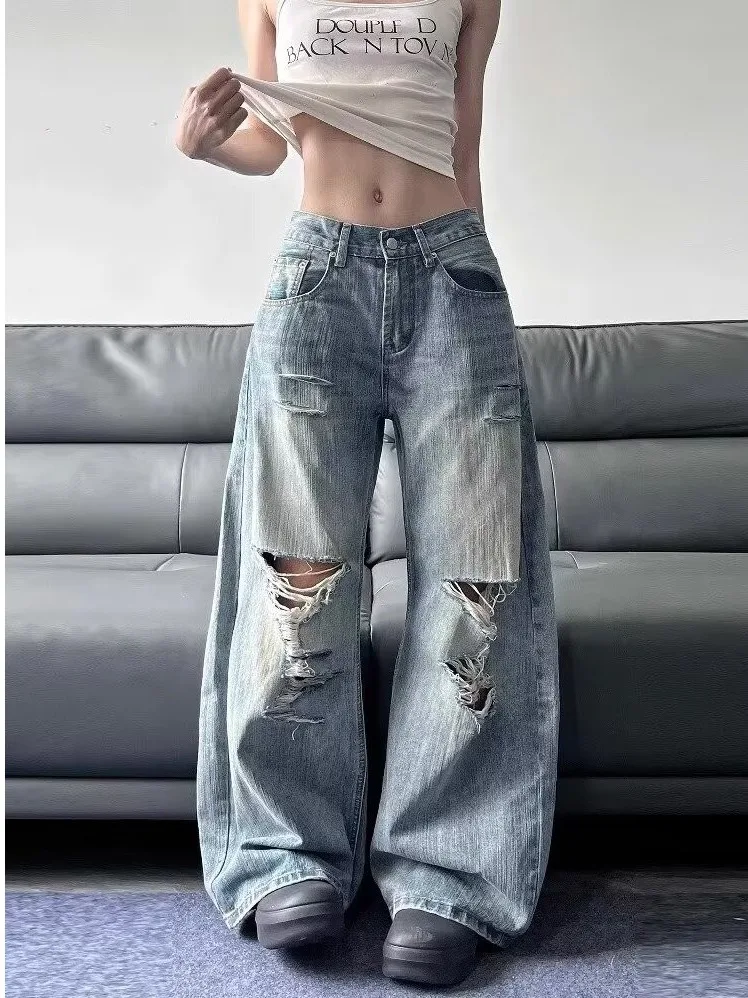 

Джинсы из бамбука в стиле ретро в американском стиле High Street Distred Cleanfit для мужчин и женщин, летние дизайнерские широкие брюки с низкой талией, длинные брюки