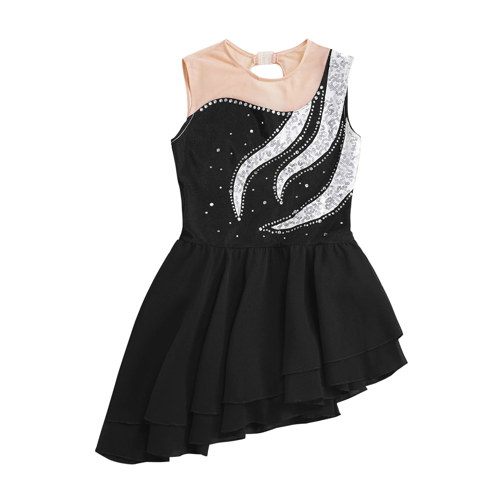 Kids Girls Figure Skating Dance Dress Lyrical Ballet Gymnastics Acrobatics Leotard Tutu Sleeveless Sequin Rhinestone Dancewear