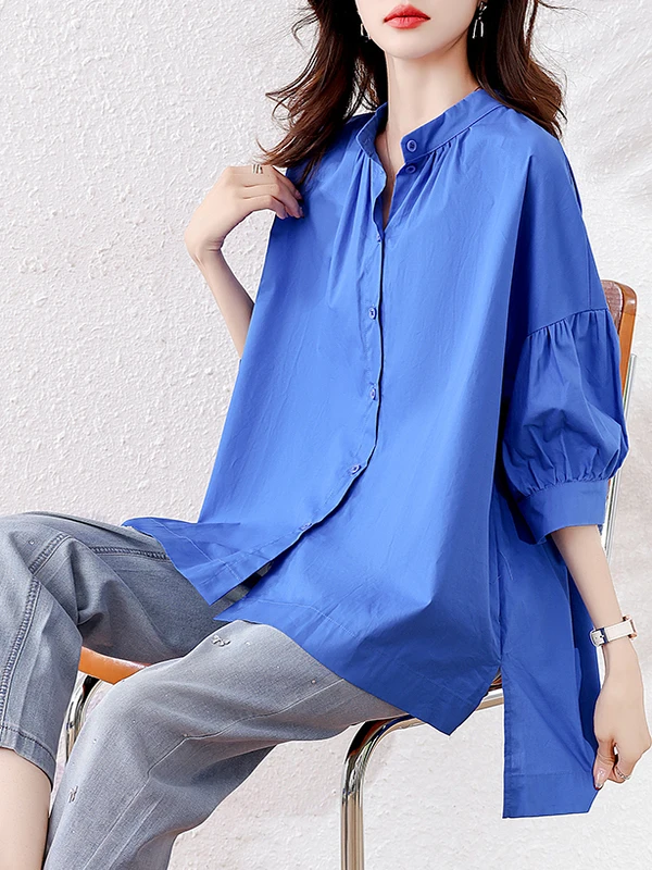 Top da donna allentato in cotone blu irt primavera estate nuovo arrivo Ele Sle colore puro ort Sve abbottonato