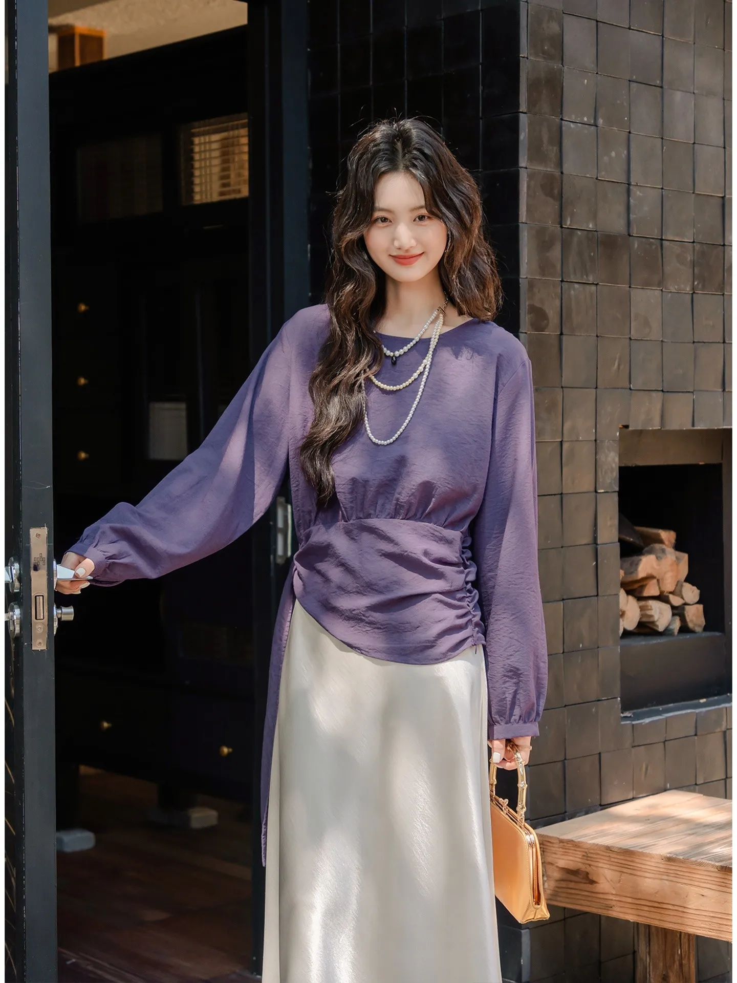 

Unique French Sle Women's irt Purple Asymmetrical Long Sve Cotton Blend Busin Casual Regular Length round Ne Top