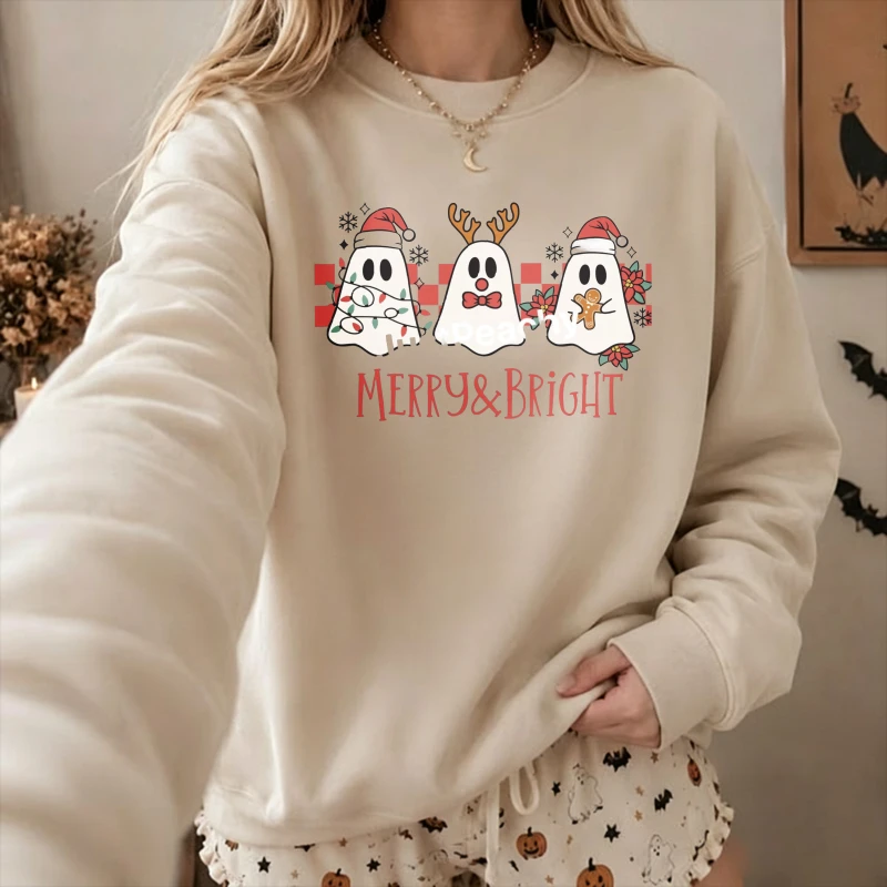 Merry & Bright Christmas Ghost Trio Santa Hat Reindeer Antlers Gingerbread Man Red Checkered Background Spooky Xmas Pullover Top
