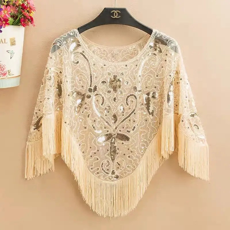 Cape Batman Top New Blouse Women's Summer Mesh Sunscreen Clothing Lace Large Size Loose Fringed Pullover Shawl