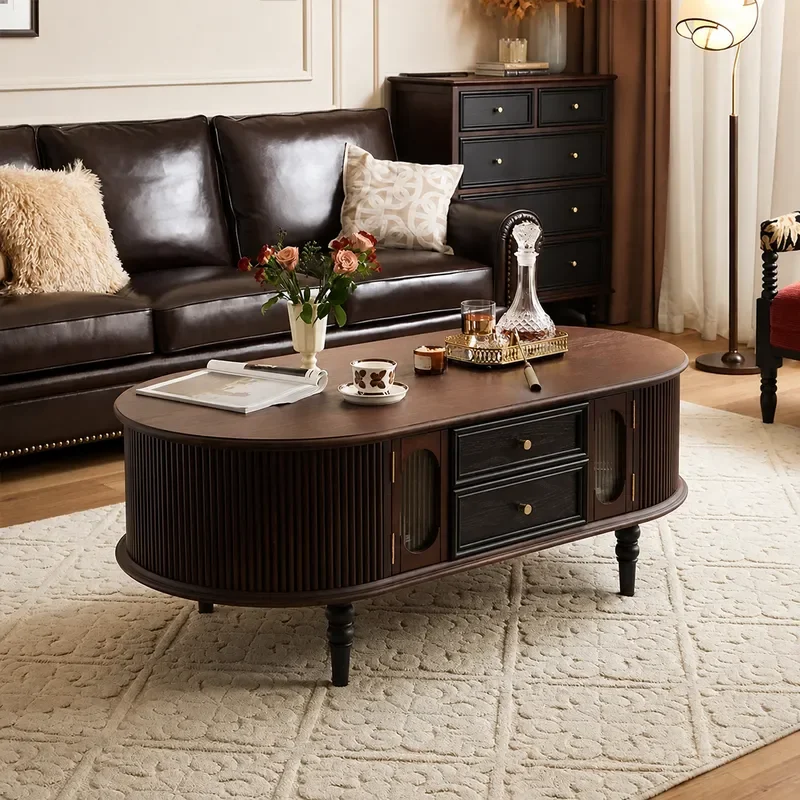 Retro Solid Wood Coffee Table Antique Oval Tea Table for Living Room American Light Luxury Home Floor Storage Cabinet