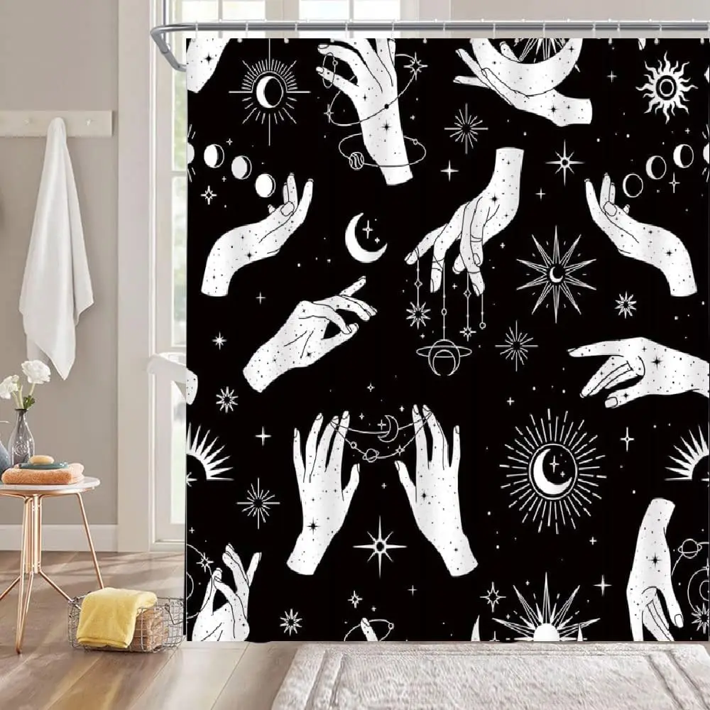

Занавеска для душа Witchy, Солнце, Луна, спиритическая доска, звезда, жуткая рука, Palmistry, волшебное Таро, бохо, колдовство, алхимия, готика, Хэллоуин, черный