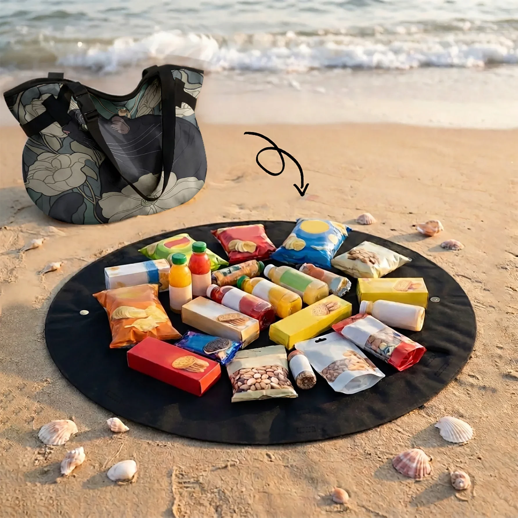 Art Nouveau Black Cat Floral 2 In 1 Tote Bag & Round Picnic Mat, Large Capacity Handbag For Beach Camping Travel