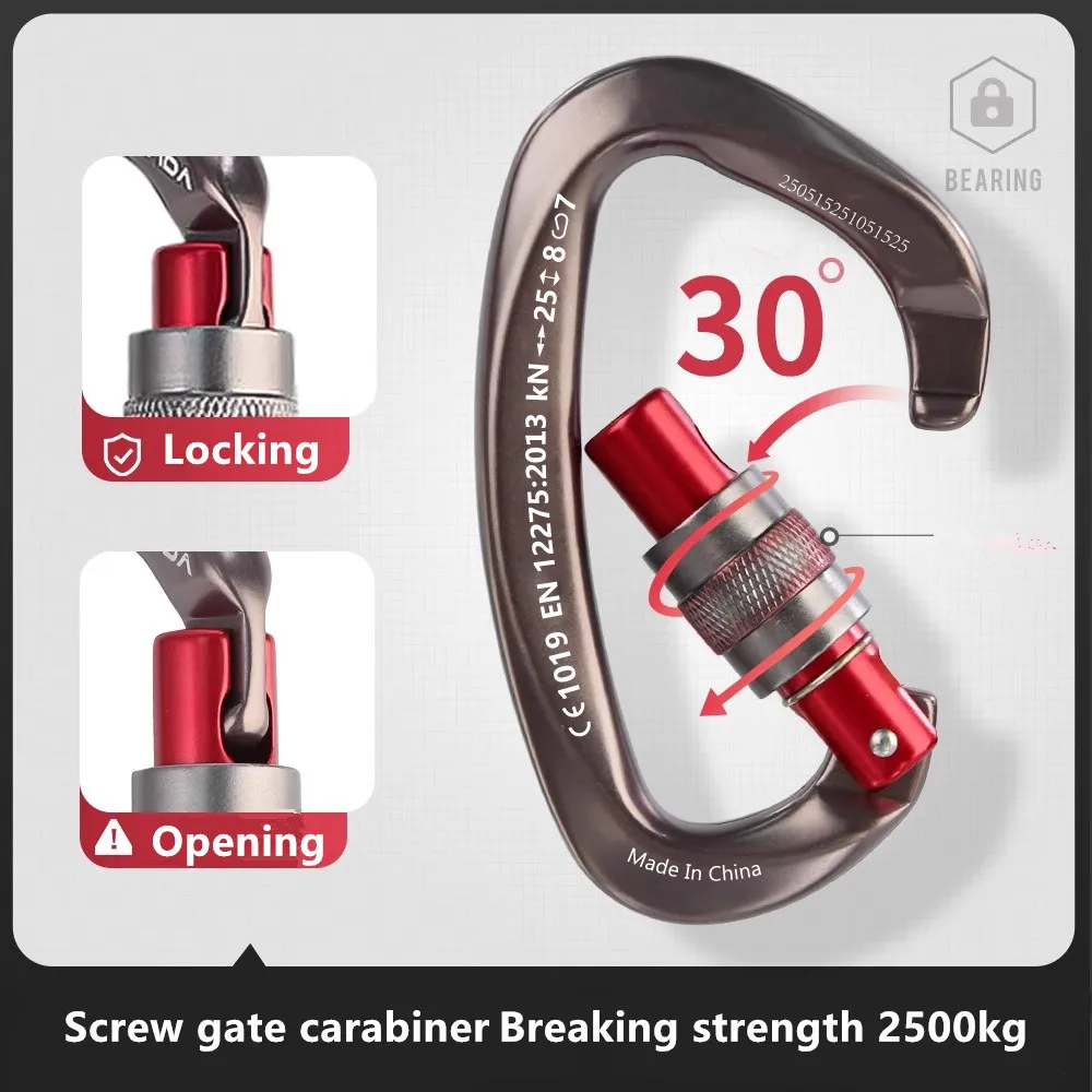 Xinda 25kN  D-Shape Carabiner Climbing Security Safety Buckle Screw Gates Master Lock Carabiner Outdoor Rock Climbing Equipment