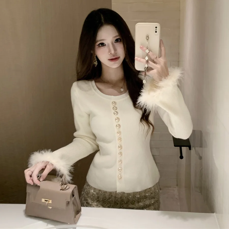 

Trendy Korean Sle Women's Knitted Sweater with Fur Sves Slim Fit Base irt Inner Wear Polyester Fiber Long Sve Top