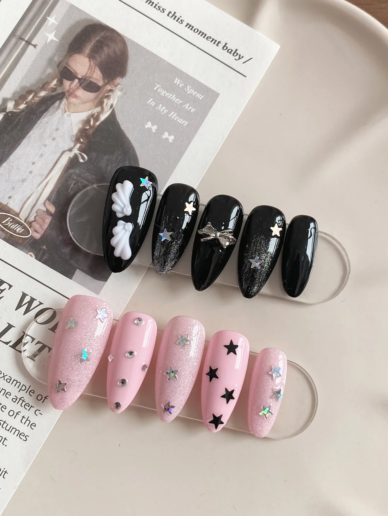 Sweet Punk Press On Nails,Stiletto False Nails,Black & Pink Glitter Nails with Wing,Star & Bow Rhinestone Decor