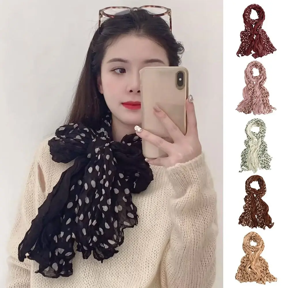 

Cotton Linen Texture Wave Point Scarf Retro Print Wrinkle Twisted Pleated Scarf Long Pleated Thin Scarf Print Dots Scarf