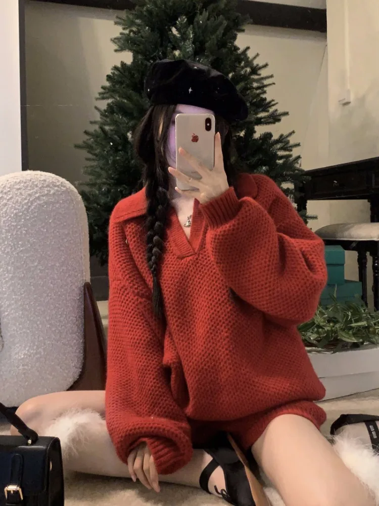 Korobov Lazy Design Solid Color Top New Year Red Sweater Vintage Short Pants Two-piece Set for Women Fashion Conjuntos Cortos