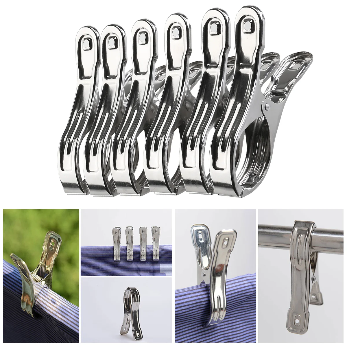 Stainless Steel Windproof Clothespins, Toalha Clips, cabides, Clipe Lavanderia, Hanging Tongs, Padrão Aleatório, 6pcs