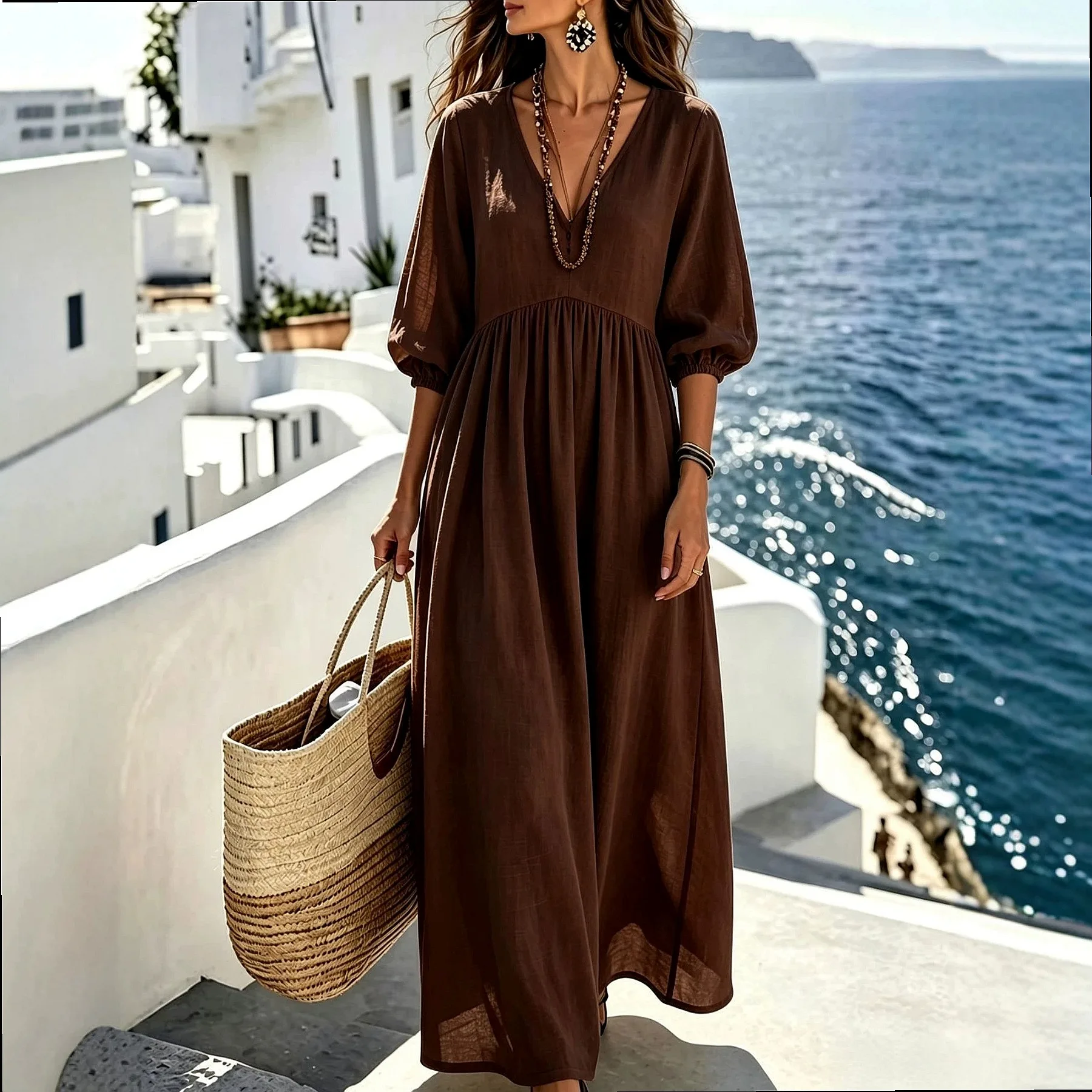 Solid Color V Neck Three Quarter Sleeve Linen Look Dress Summer Spring Maxi Dresses for Vacation