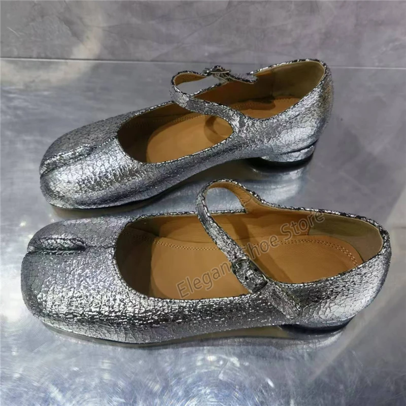 Split Teen Damesschoenen Bling Zilver Lage Hak Pumps Nieuwigheid Effen Kleur Casual Schoenen Zomer Hoge Kwaliteit Lederen Mary Jane Schoenen