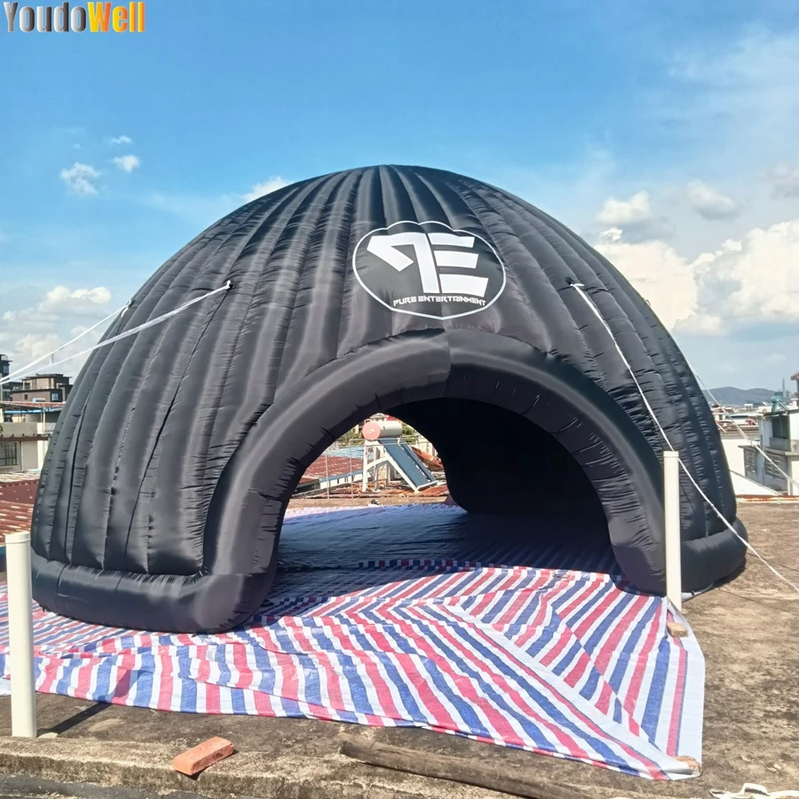 High-quality 8m Diameter Black Inflatable Dome Tent Ribbon Finished, Two Doors Printed Logo Used For Events, Exhibitions