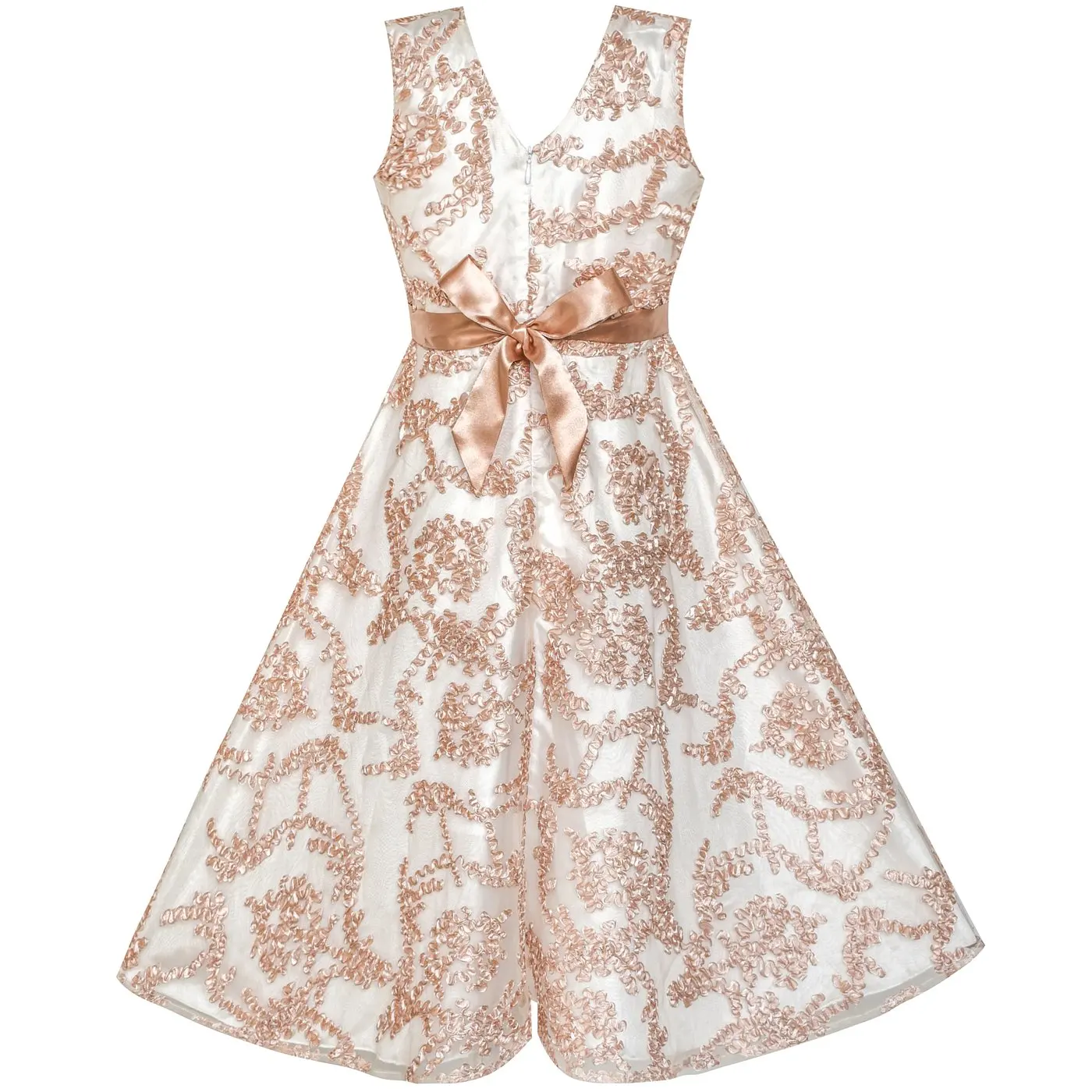 Girls Dress V neckline Embroidered Floral Champagne