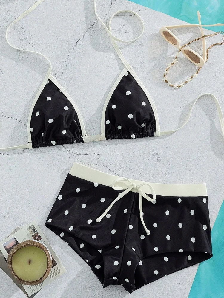 Women's Polka Dot Brazilian Bikini Set Sexy Triangle Top Exposed Back Side Slotted Thong Bottom Two-Piece Swimsuit