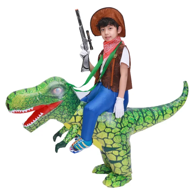 Kids Child T Rex Dinosaur Inflatable Costume Cosplay Cowboy Ride Dinosaur Halloween Purim Inflated Garment Disfraces 3D Print MN