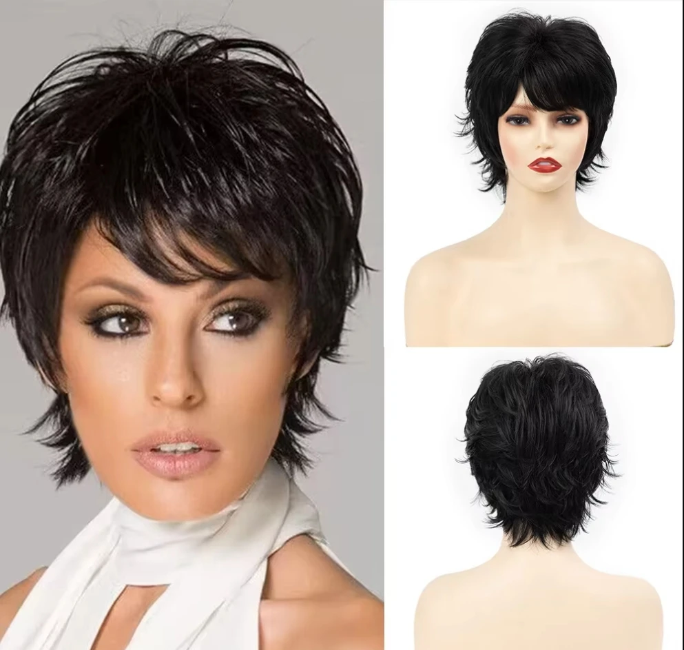 

Women's Fashion Short Synthetic Wigs Pixie Cut Black Hair Costume Party Wigs for Woman Fluffy Realistic Curly Wavy Wig