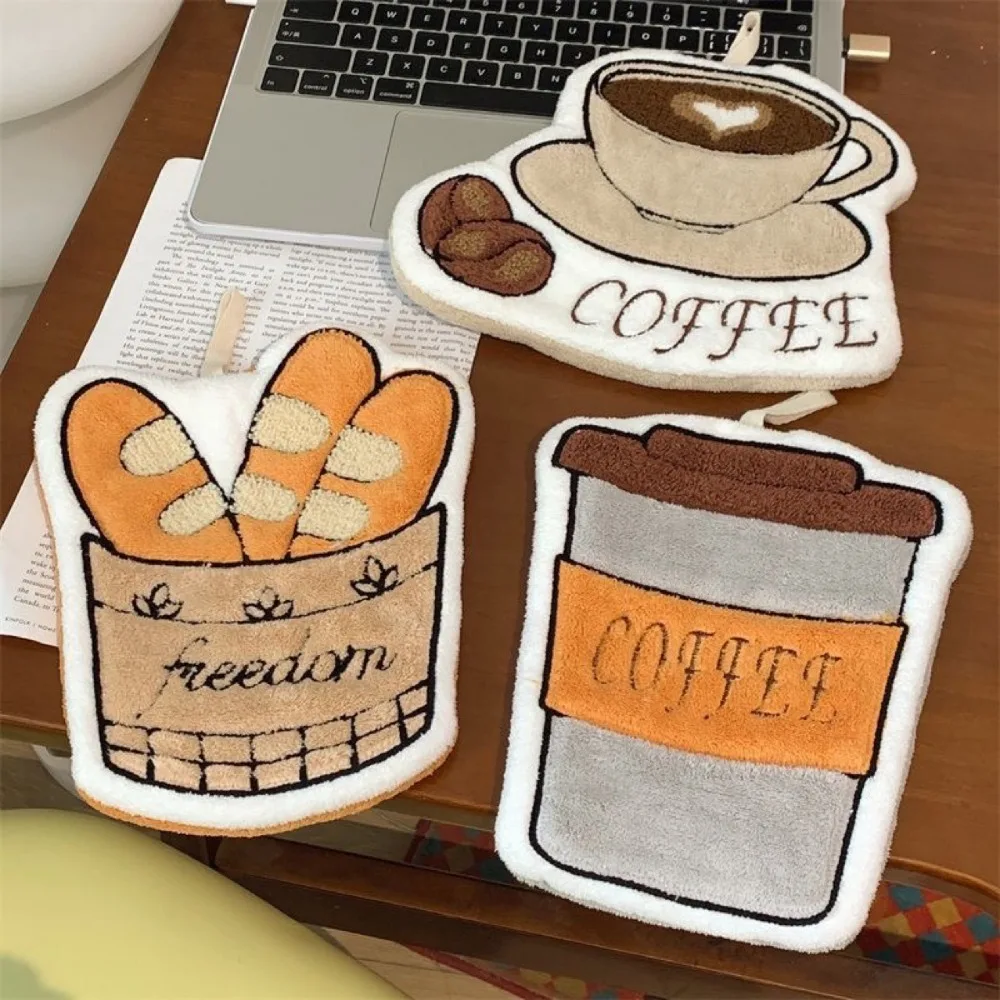 4Pcs/Set Cartoon Hand Towel Coffee Pattern Soft Kitchen Hand Cloth Absorbent Skin-friendly Bathroom Hanging Towel Kids