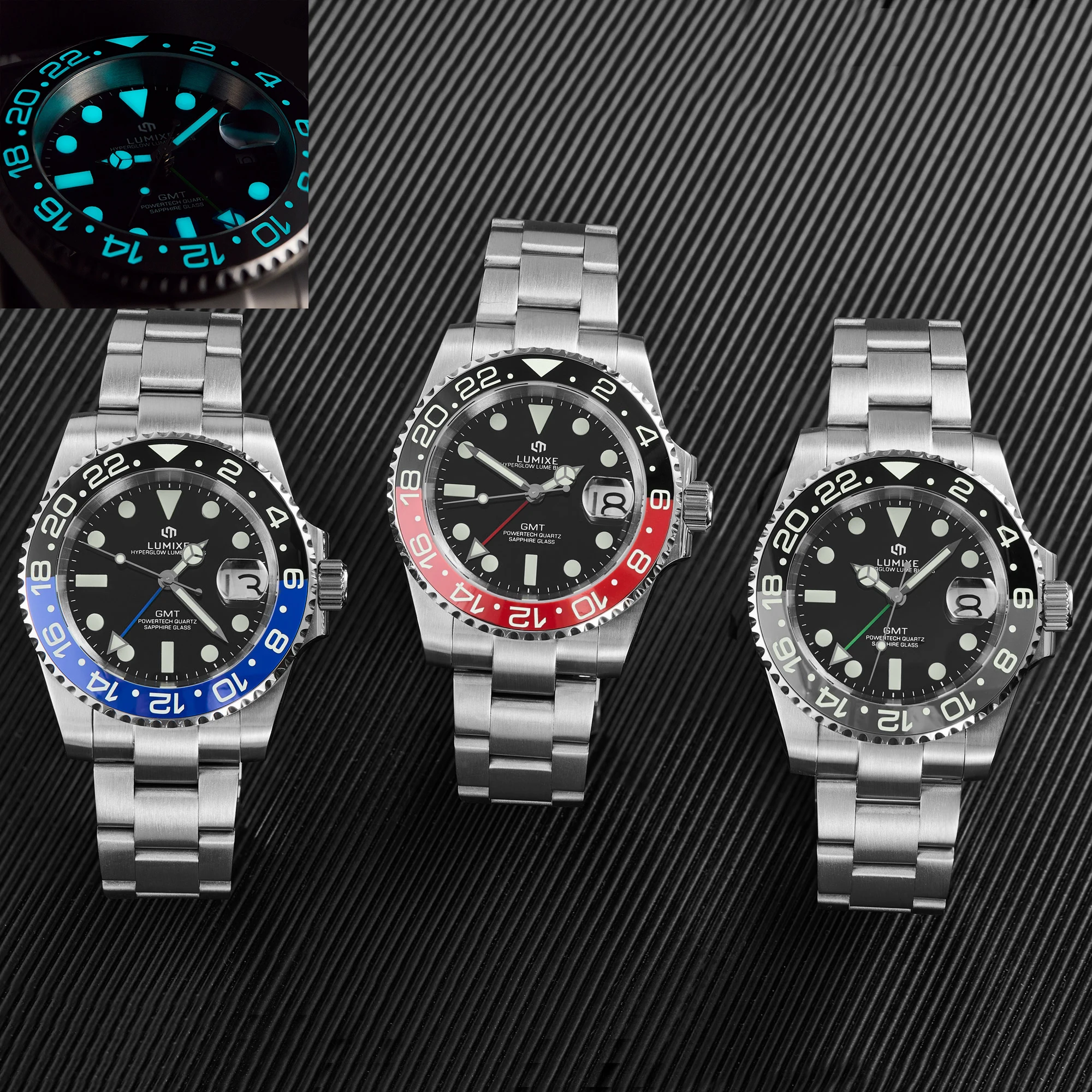 LUMIXE LX-2 Luxury GMT Men Watch 30Bar Waterproof Stainless Steel Quartz Sports Diver Wristwatch Calendar HYPERGLOW LUME BLOCKS