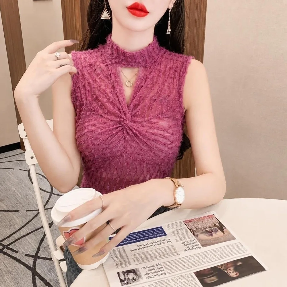 Modern High Neck Lace Tank Top Sleeveless Sheer Mesh Twist Front Vest Slim Fit Frill Trim Mesh Camisole For Women