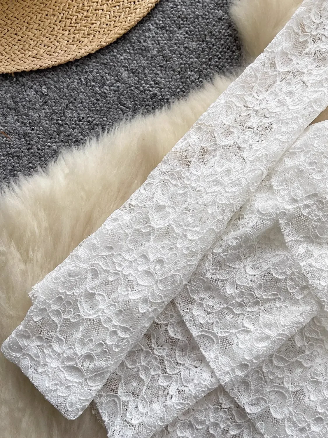 SsTss Vintage Lace Dress Damska wiosna lato długi rękaw wycięcie dekolt wąska talia marszczony brzeg linia A biała sukienka Boho Chic