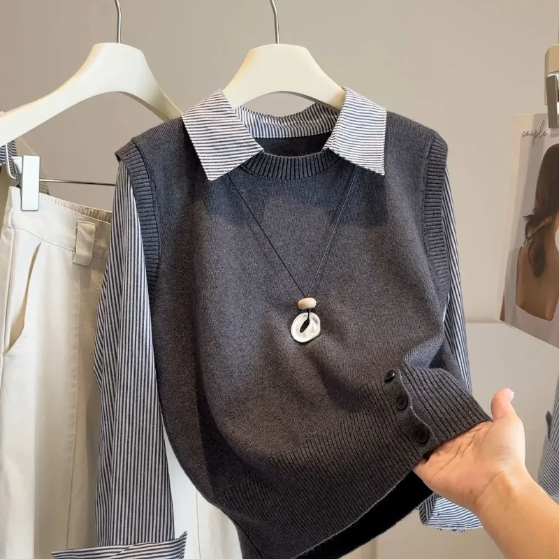 

Autumn Winter New Fake Two-piece Women's Striped POLO Shirt Design Long-sleeved Sweater Top