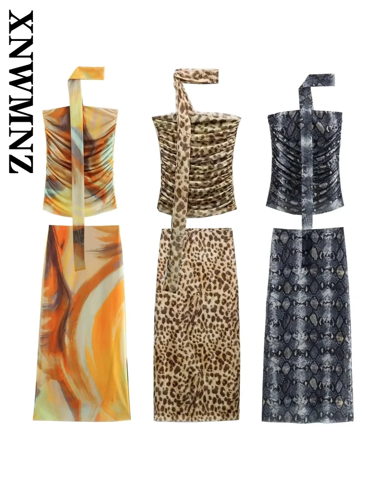 

XNWMNZ 2024 Autumn Woman's Fashion Sleeveless Corset Two-piece Chic Winter Woman Short Halter Collar Top Print Vest Midi Skirt
